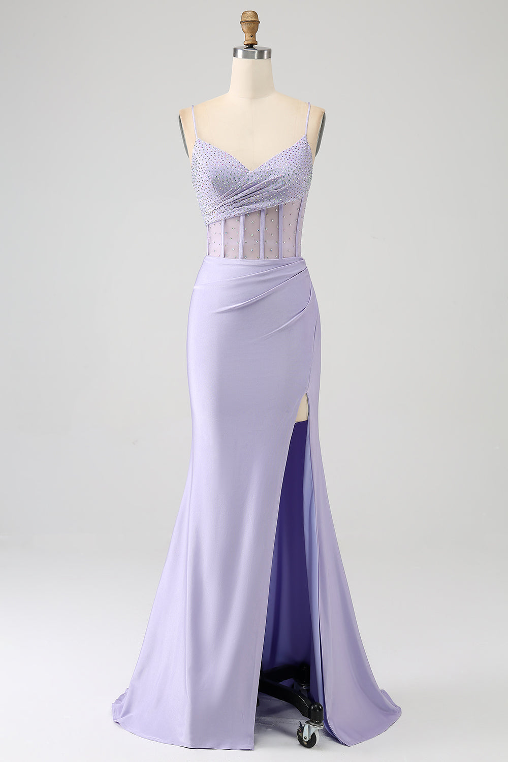 Luolandi Lavender Mermaid Cutout Glitter Corset Satin Prom Dresses with Pleated Split Sexy Evening Dresses